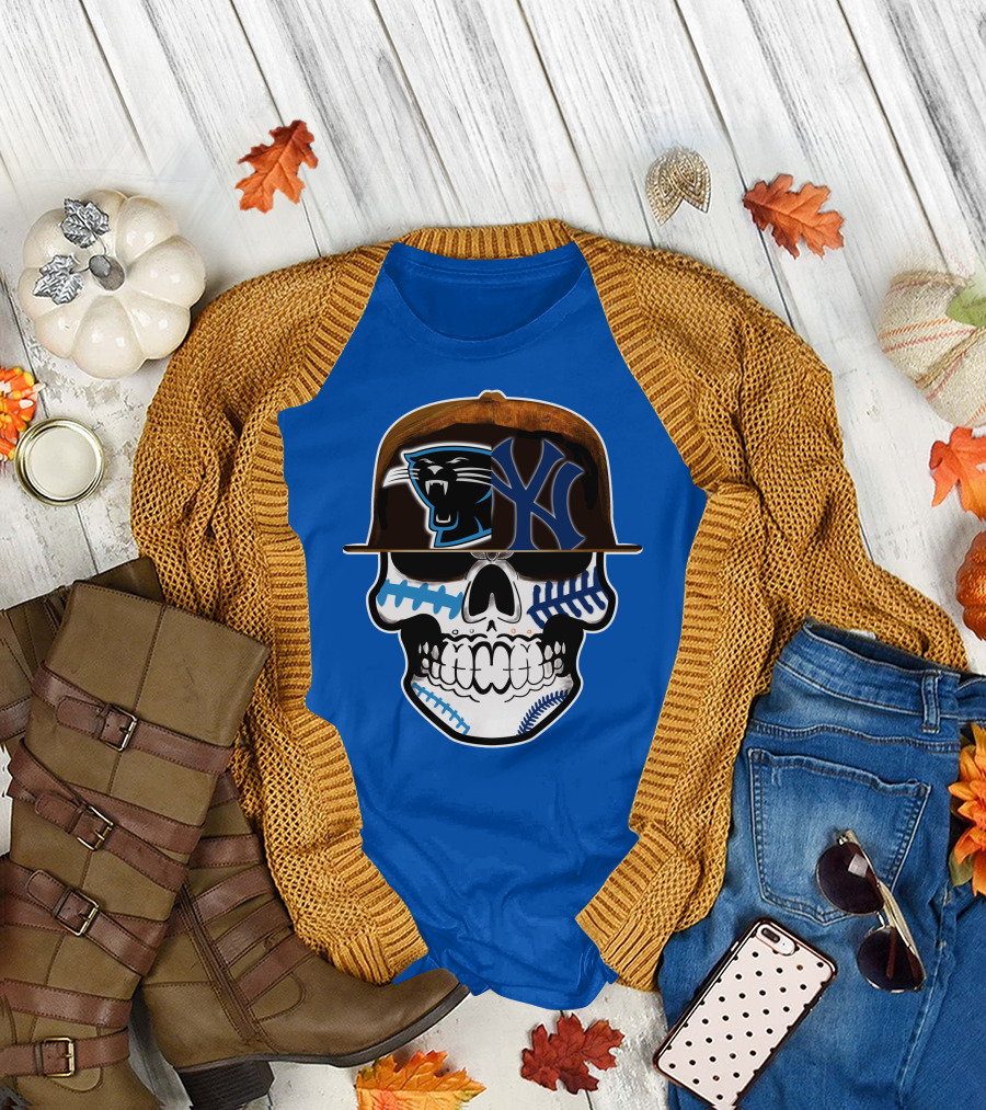 Carolina Panthers New York Yankees Skull Hat T-Shirt
