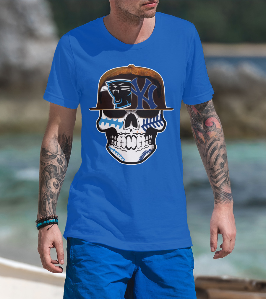 Carolina Panthers New York Yankees Skull Hat T-Shirt