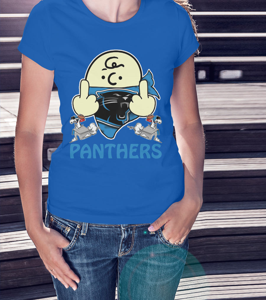Carolina Panthers Bold Cartoon Character With Snoopy Imagery Middle Finger Salute T-Shirt