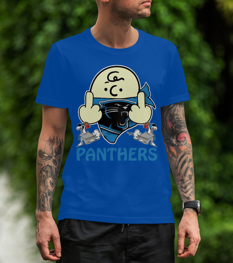 Carolina Panthers Bold Cartoon Character With Snoopy Imagery Middle Finger Salute T-Shirt