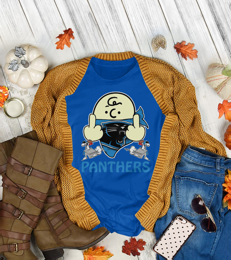 Carolina Panthers Bold Cartoon Character With Snoopy Imagery Middle Finger Salute T-Shirt