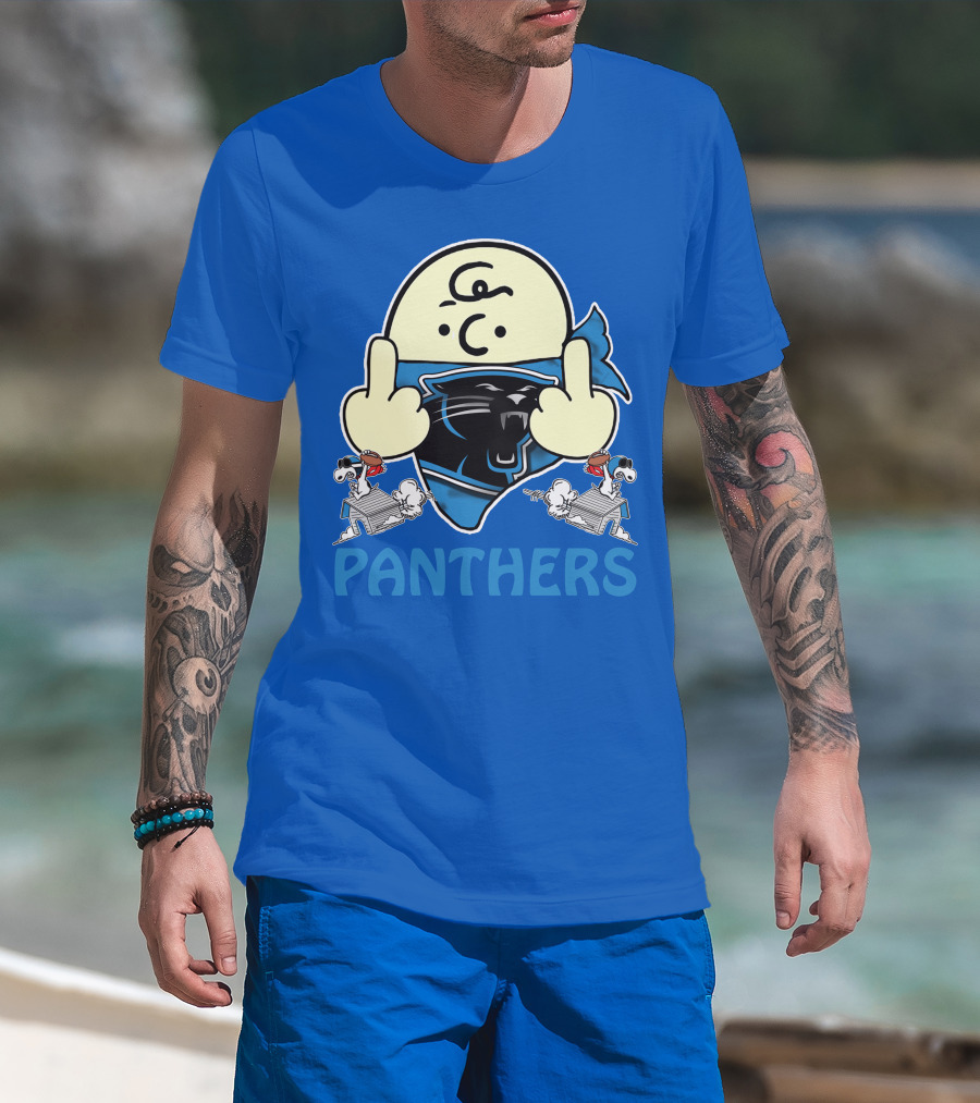 Carolina Panthers Bold Cartoon Character With Snoopy Imagery Middle Finger Salute T-Shirt