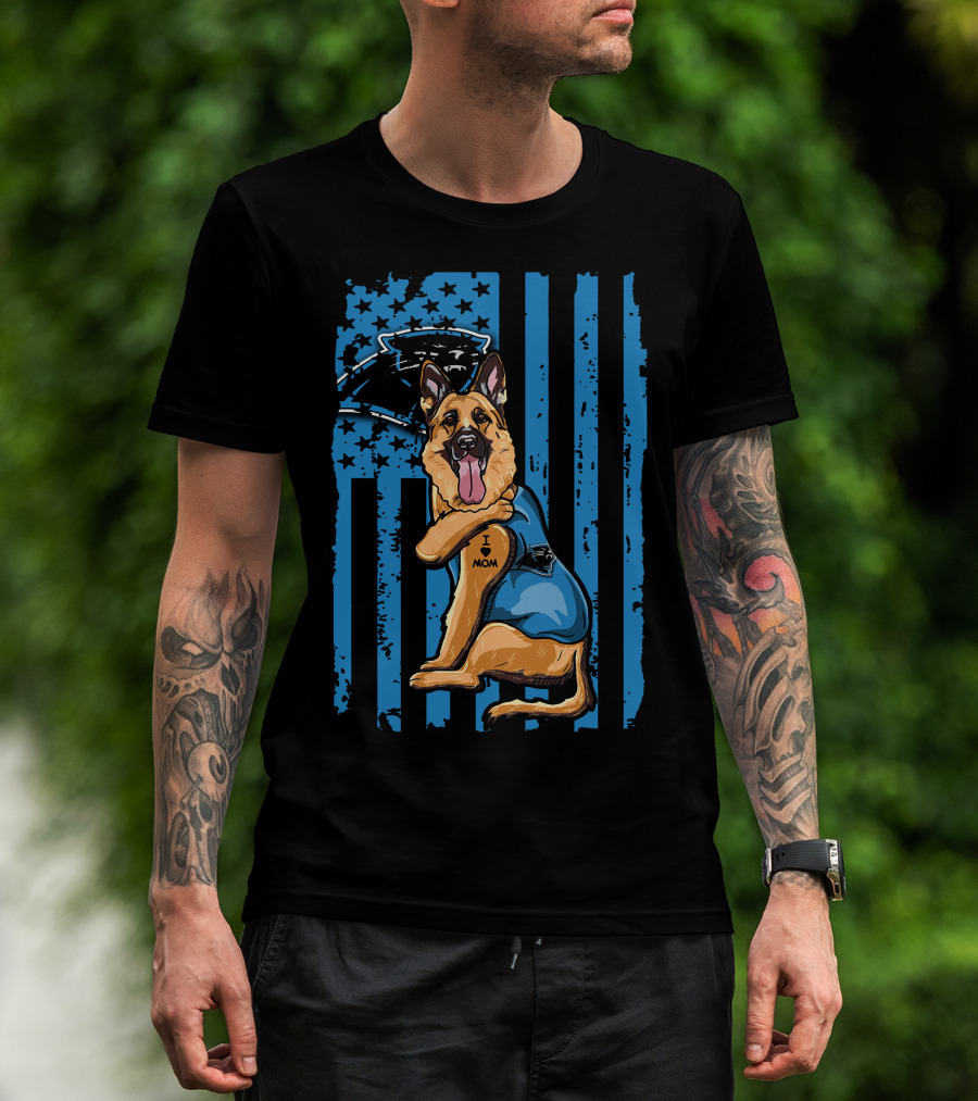 German Shepherd I Love Mom Carolina Panthers Blue American Flag T-Shirt