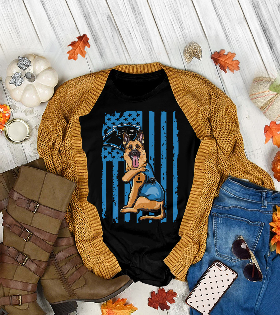 German Shepherd I Love Mom Carolina Panthers Blue American Flag T-Shirt