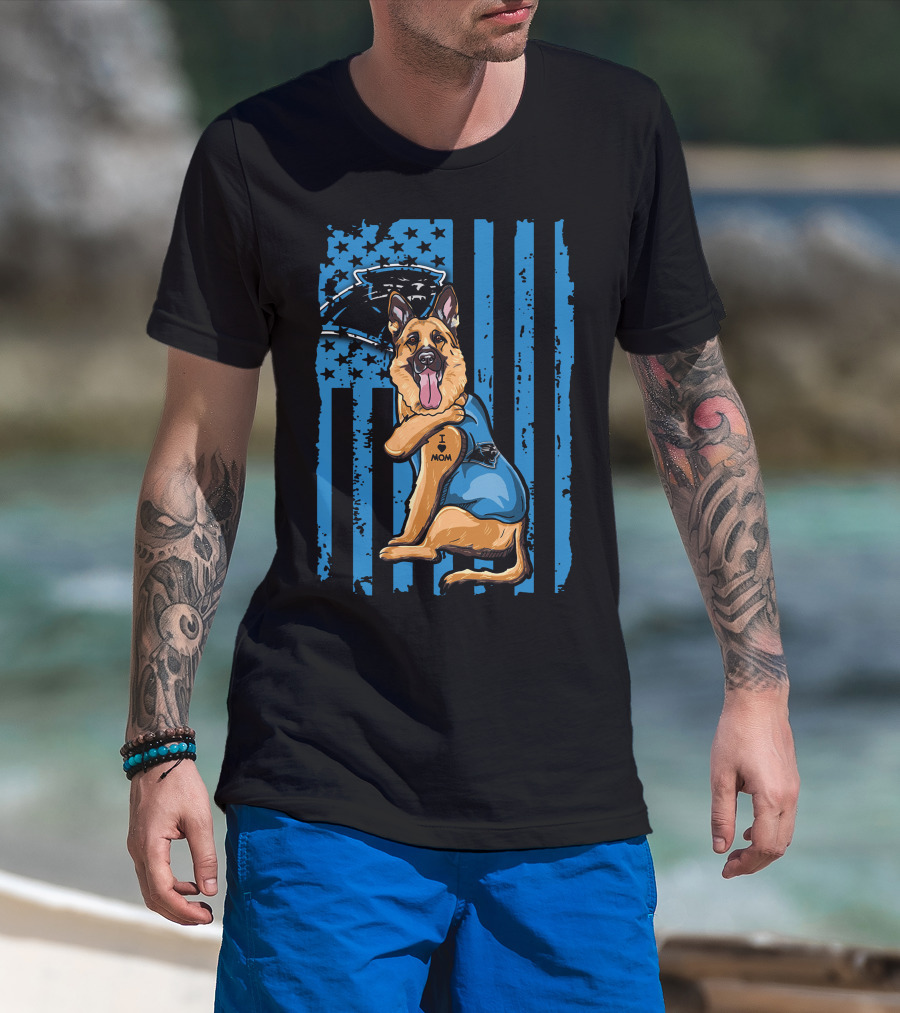 German Shepherd I Love Mom Carolina Panthers Blue American Flag T-Shirt