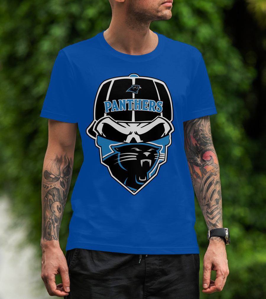 Carolina Panthers Logo And Skull With Bandana T-Shirt