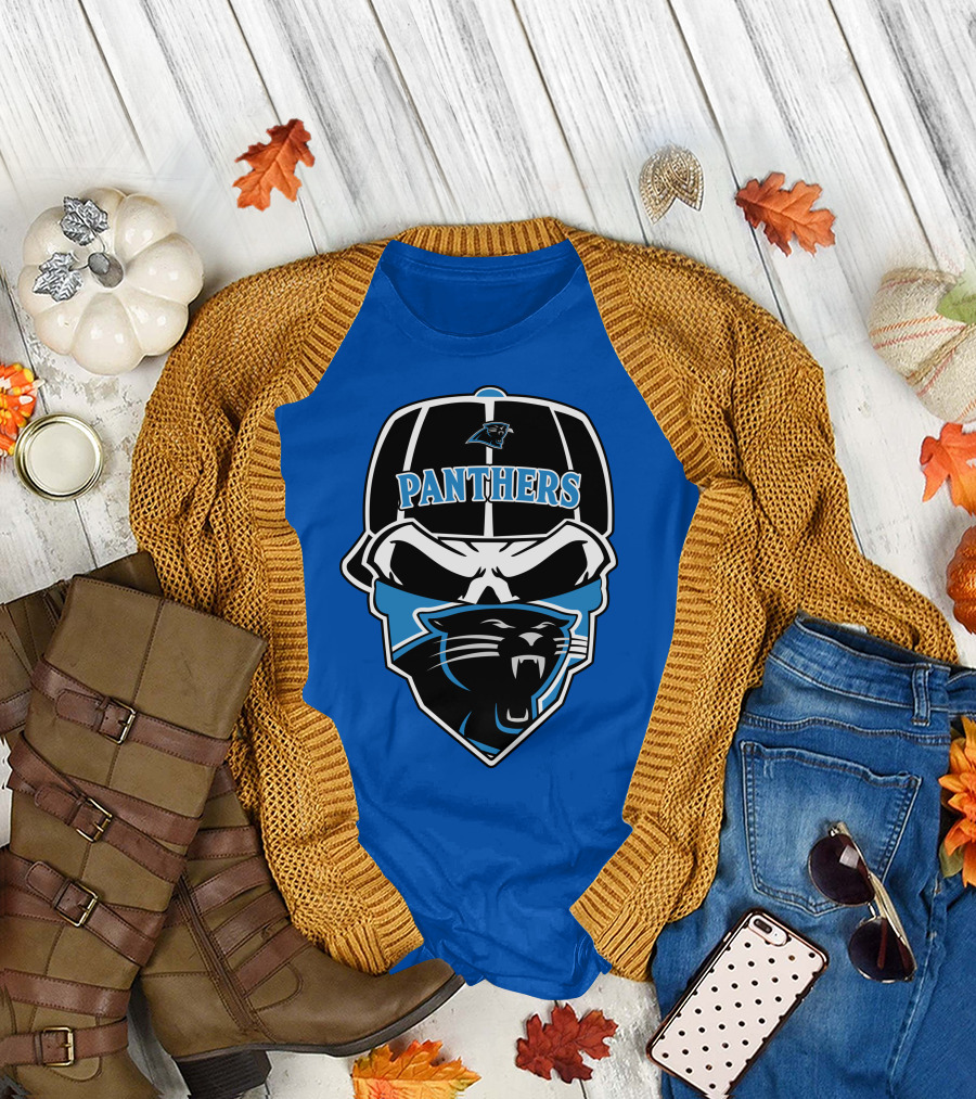 Carolina Panthers Logo And Skull With Bandana T-Shirt