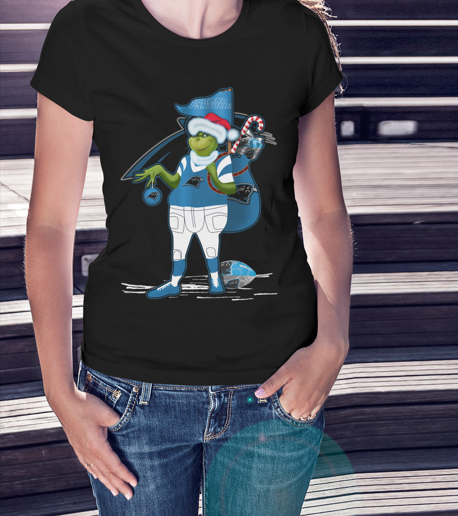 Grinchxmas Carolina Panthers Holiday Character In Team Gear Festive Football Santa Hat T-Shirt