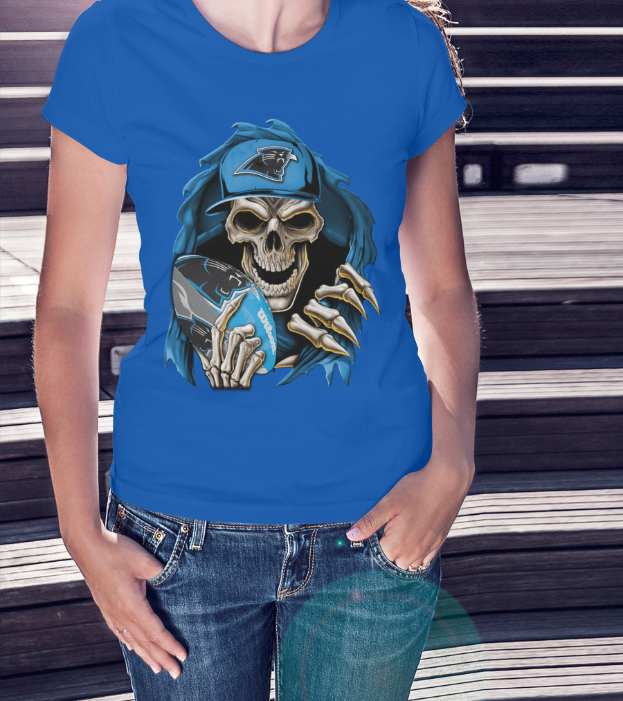 Skullbong Carolina Panthers Skeleton With Football And Team Cap T-Shirt