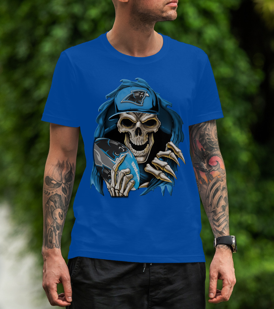 Skullbong Carolina Panthers Skeleton With Football And Team Cap T-Shirt