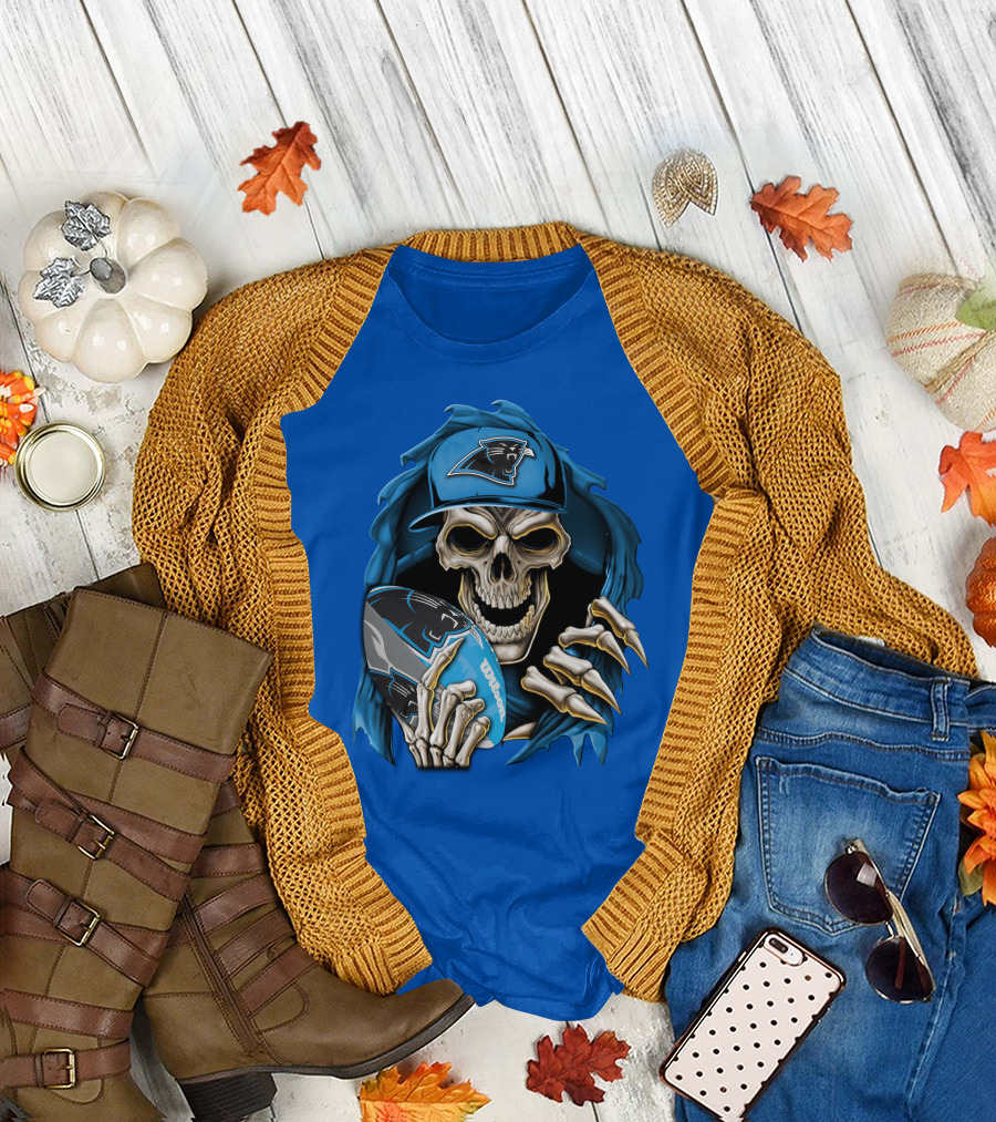 Skullbong Carolina Panthers Skeleton With Football And Team Cap T-Shirt