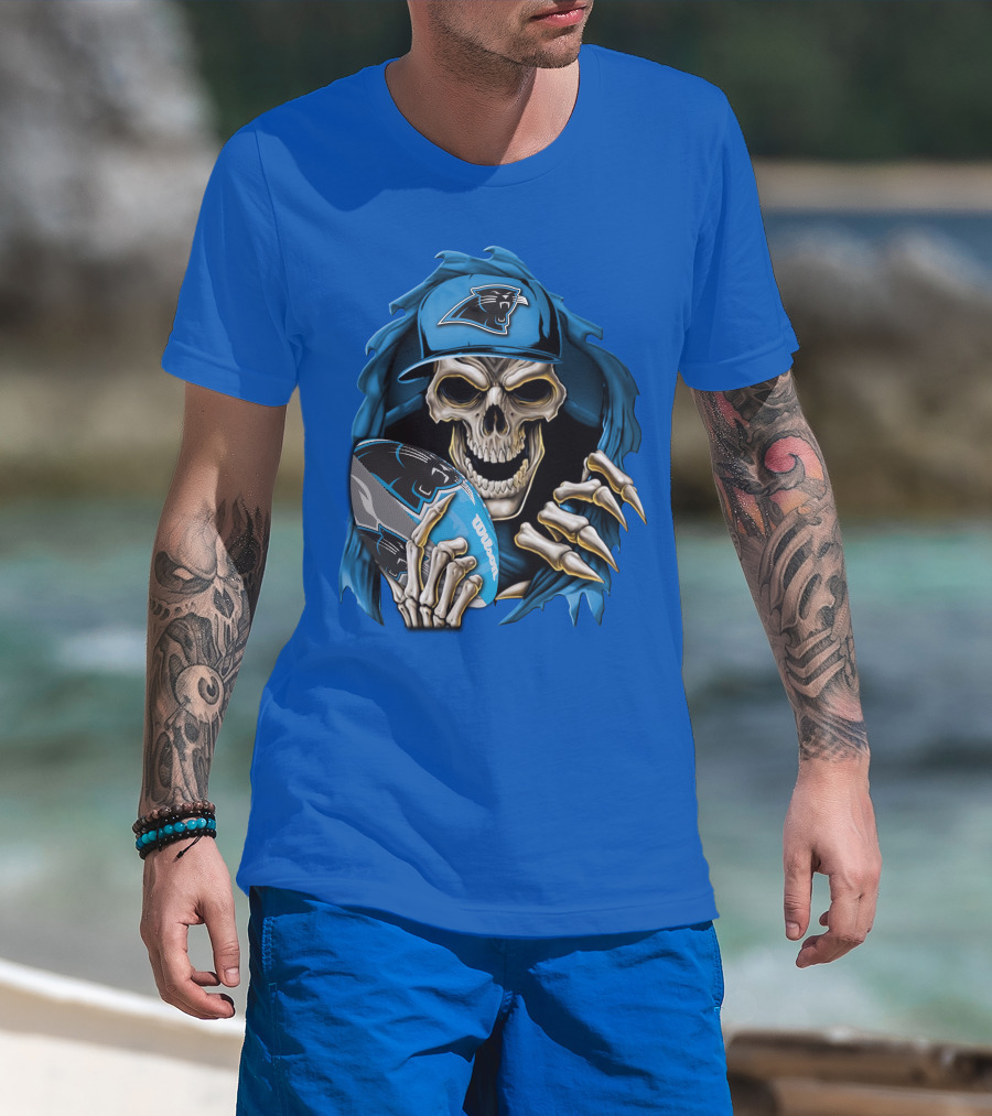 Skullbong Carolina Panthers Skeleton With Football And Team Cap T-Shirt