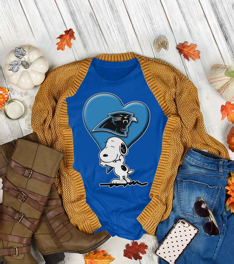Snoopy Hugging Carolina Panthers Heart with Iconic T-Shirt