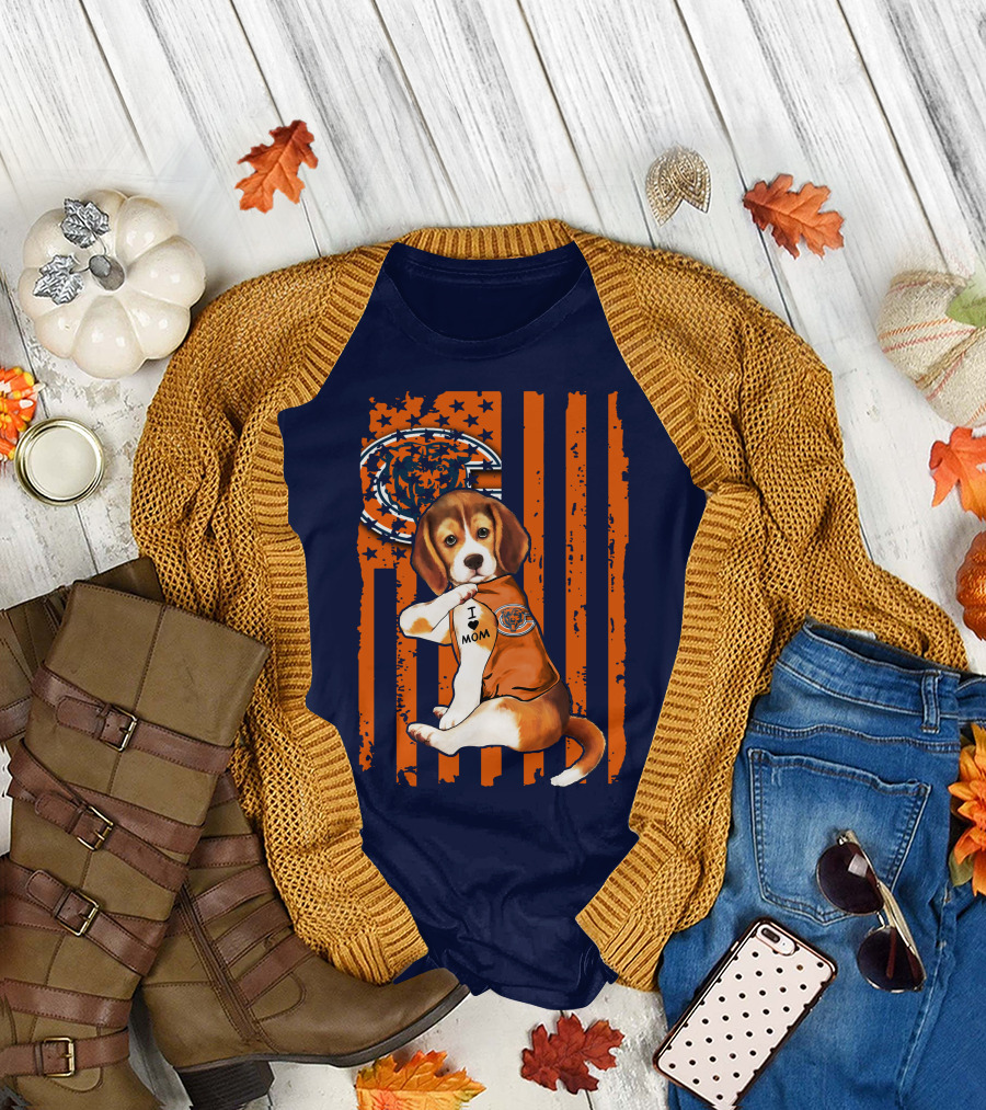 Beagle I Love Mom Chicago Bears Fan Flag T-Shirt