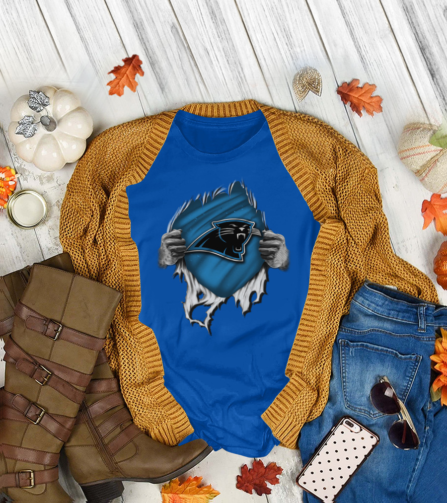 Torn Carolina Panthers Blue Black Logo Hands Ripping T-Shirt