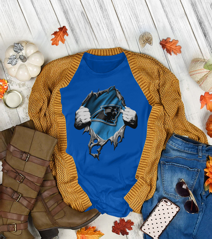 Torn Carolina Panthers Logo with Ripped Fabric and Clenched Hands T-Shirt