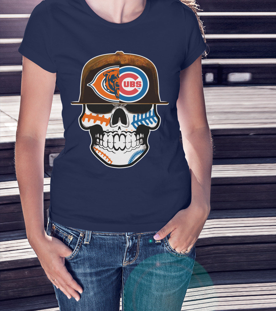 Chicago Bears Cubs Skull Cap Dual Logo Fusion T-Shirt