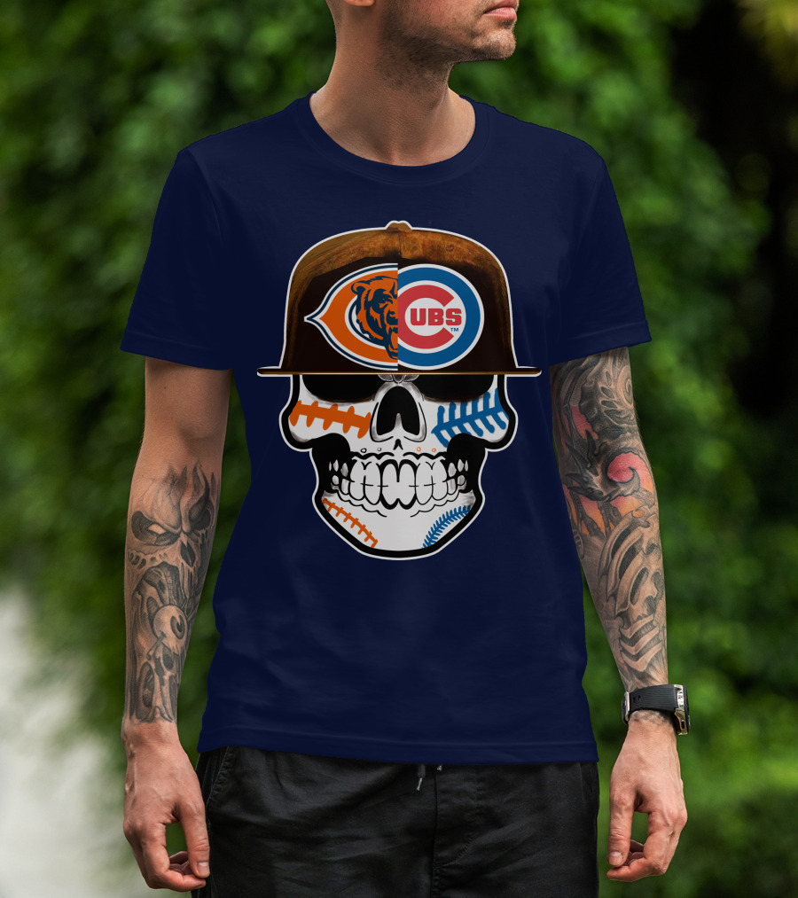 Chicago Bears Cubs Skull Cap Dual Logo Fusion T-Shirt