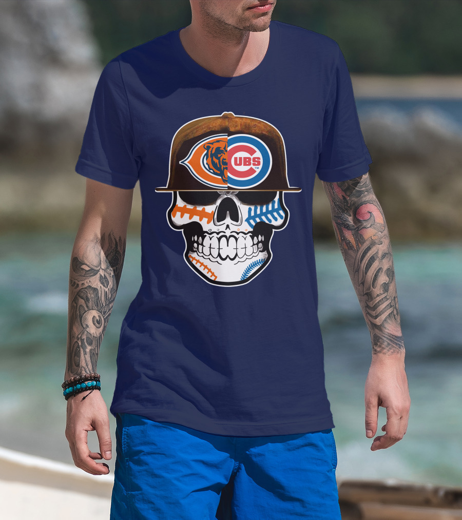 Chicago Bears Cubs Skull Cap Dual Logo Fusion T-Shirt