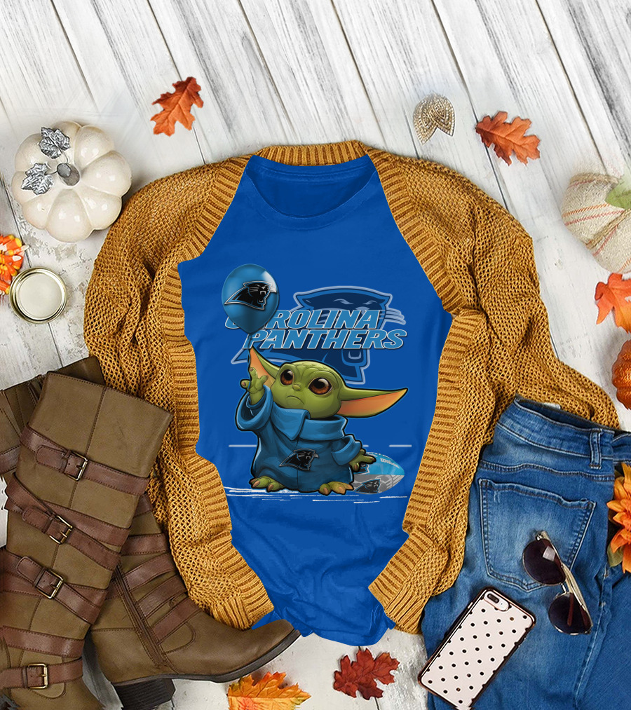 Yoda Carolina Panthers Football Fan with Logo and Baby Jedi T-Shirt