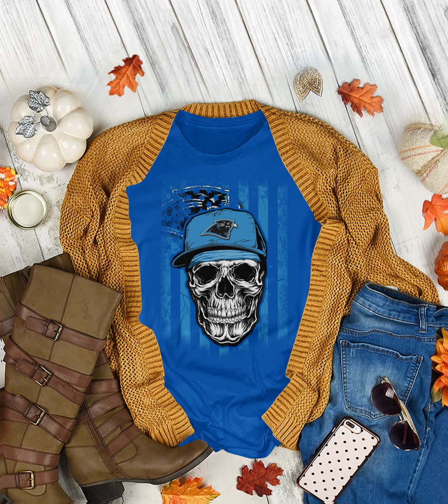 Skull With Carolina Panthers Cap And American Flag Elements T-Shirt