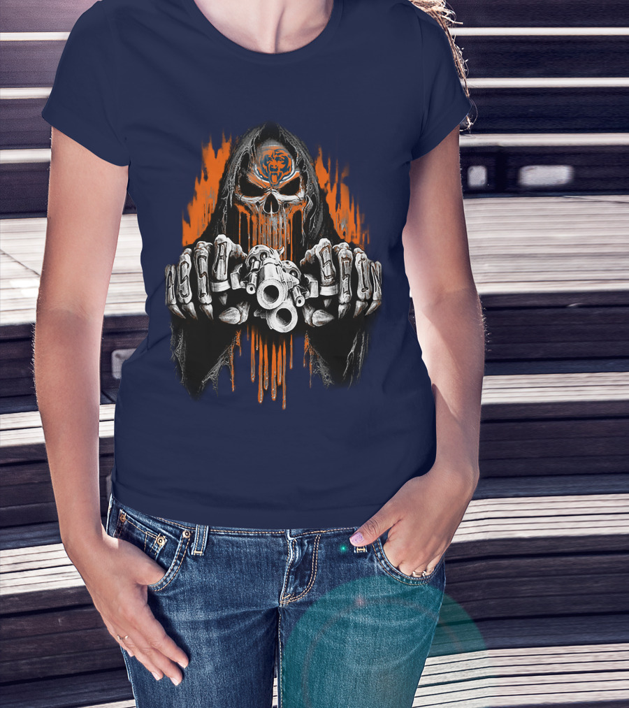Chicago Bears Grim Reaper Skull With Orange Flames And Skull Knuckles T-Shirt