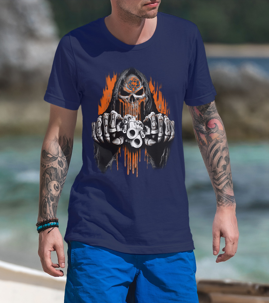 Chicago Bears Grim Reaper Skull With Orange Flames And Skull Knuckles T-Shirt