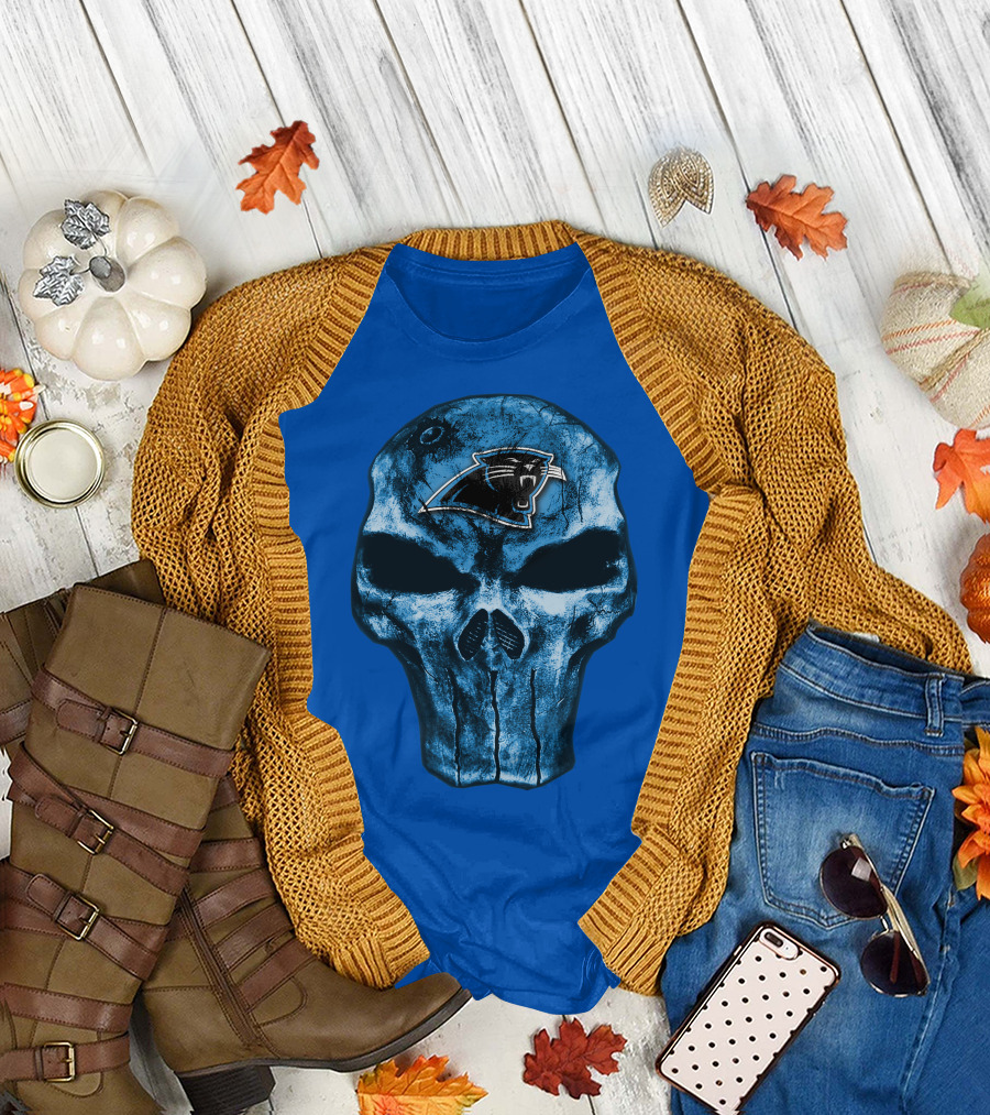 Skull With Carolina Panthers Emblem On Blue T-Shirt