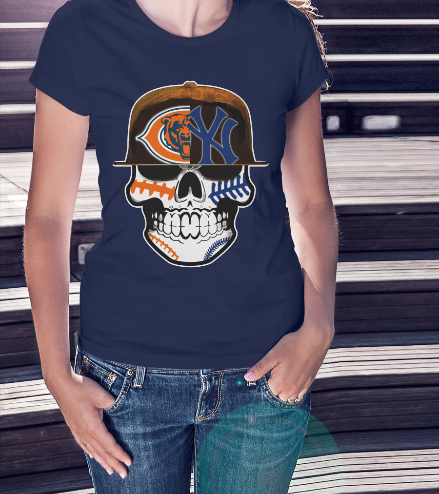 Chicago Bears Yankees Skull Football Baseball Fusion T-Shirt