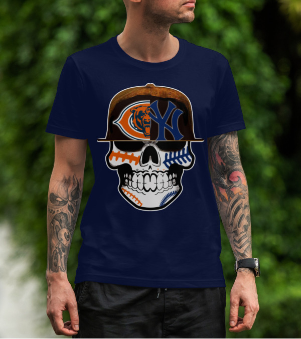 Chicago Bears Yankees Skull Football Baseball Fusion T-Shirt