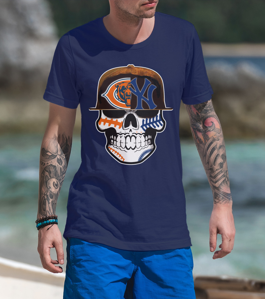 Chicago Bears Yankees Skull Football Baseball Fusion T-Shirt