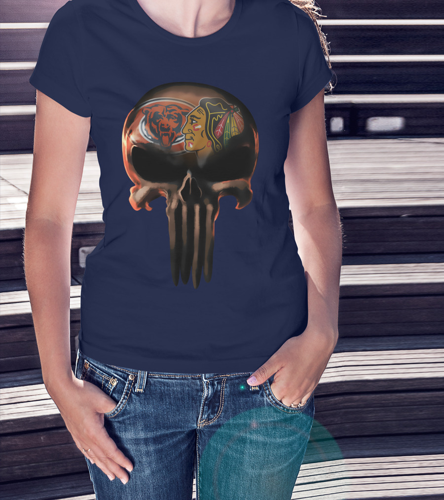 Chicago Bears 56 Skull Design With Nhl Blackhawks T-Shirt