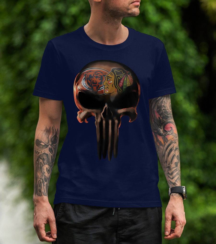 Chicago Bears 56 Skull Design With Nhl Blackhawks T-Shirt