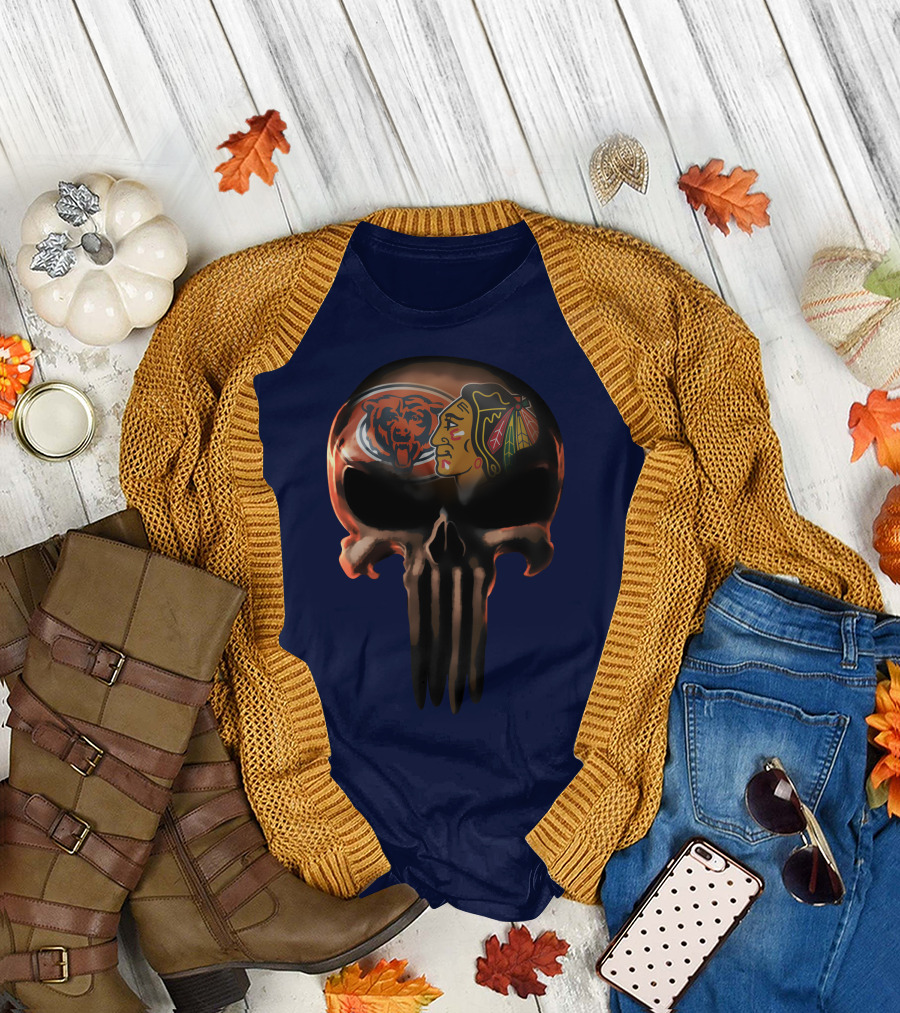 Chicago Bears 56 Skull Design With Nhl Blackhawks T-Shirt