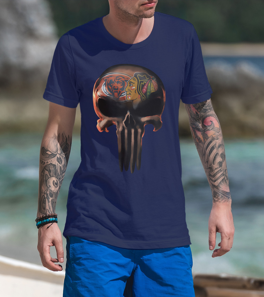 Chicago Bears 56 Skull Design With Nhl Blackhawks T-Shirt