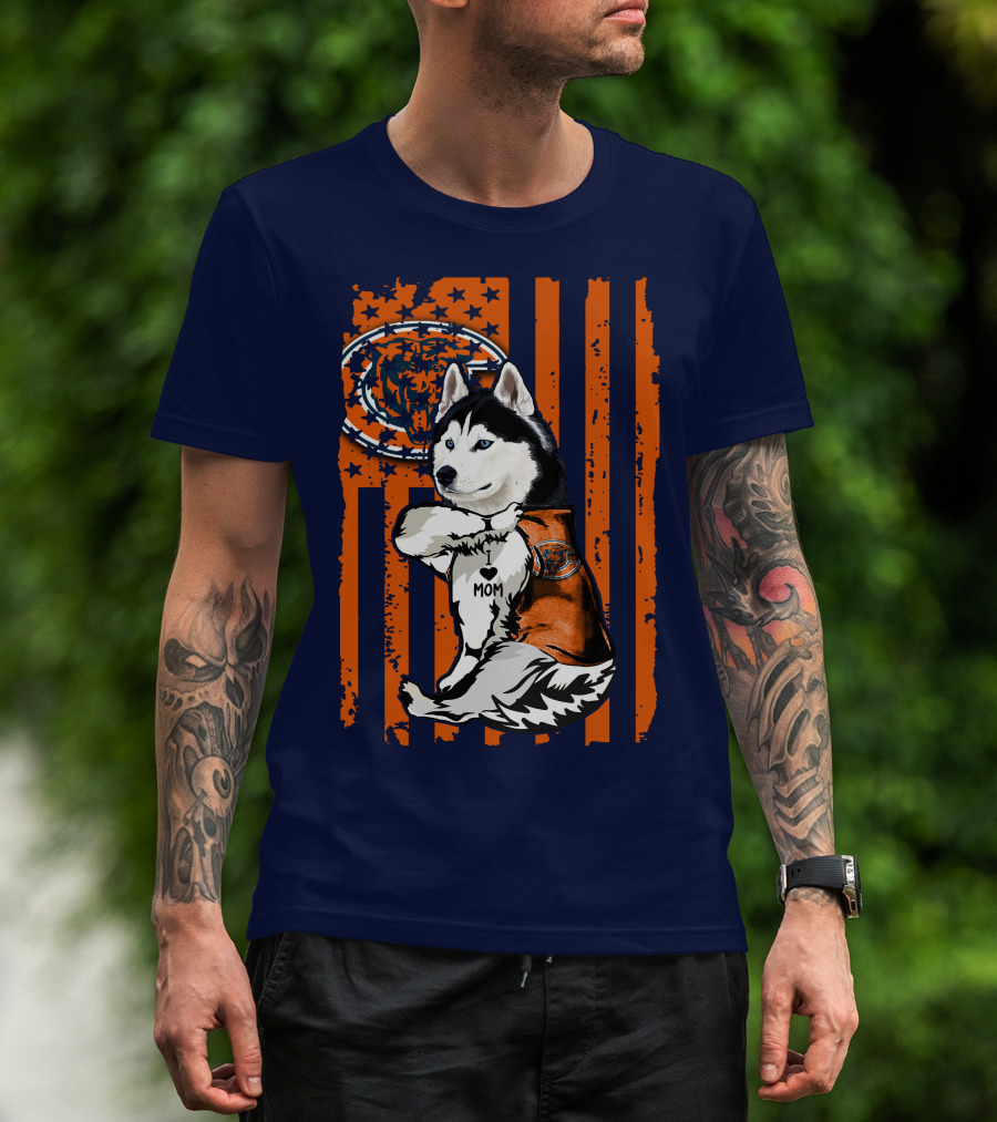 Siberian Husky Chicago Bears I Love Mom Flag T-Shirt