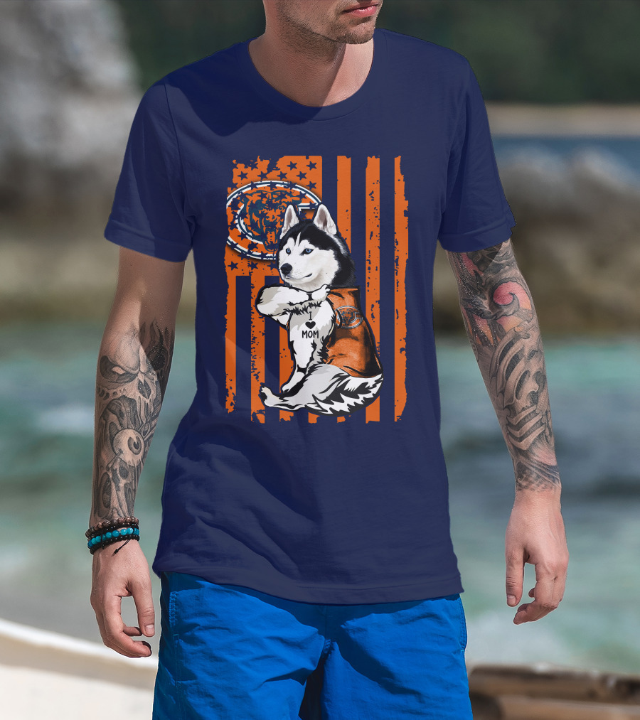 Siberian Husky Chicago Bears I Love Mom Flag T-Shirt