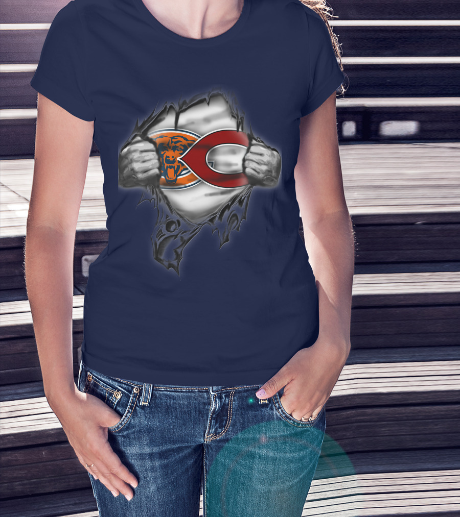 Chicago Bears Crossover With Logo And Bear Head T-Shirt