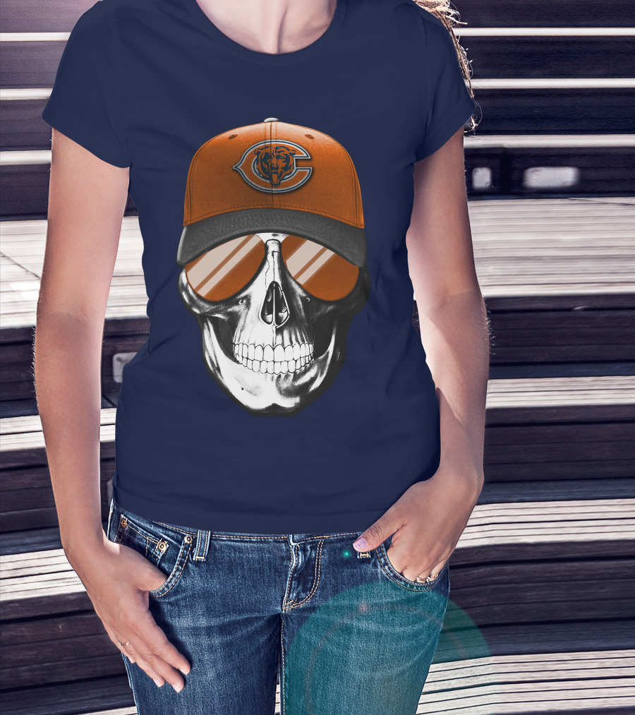 Skull V7 Chicago Bears Cap And Sunglasses T-Shirt
