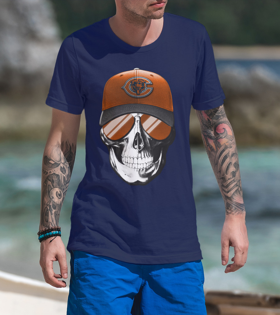Skull V7 Chicago Bears Cap And Sunglasses T-Shirt