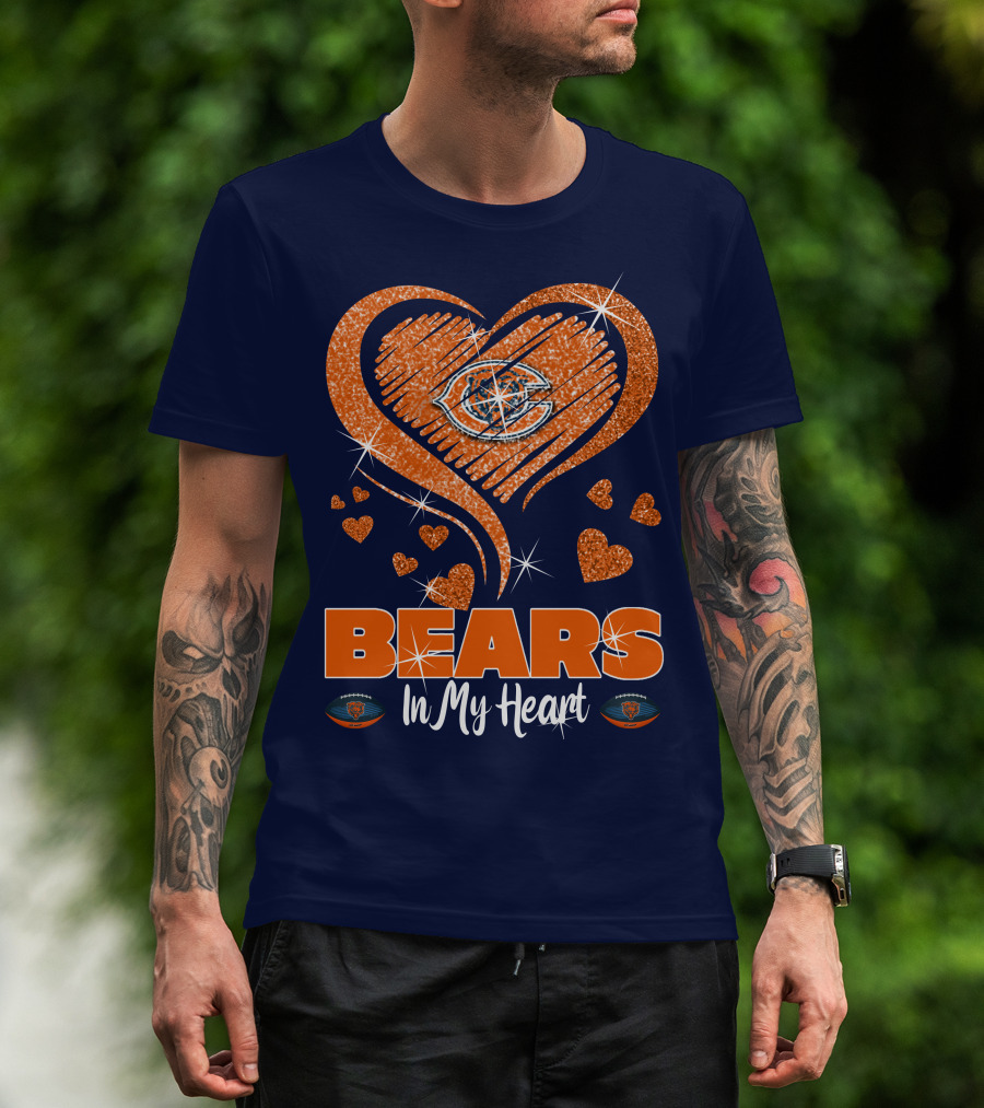 Bears In My Heart Chicago Bears Sparkling Hearts Navy Blue T-Shirt