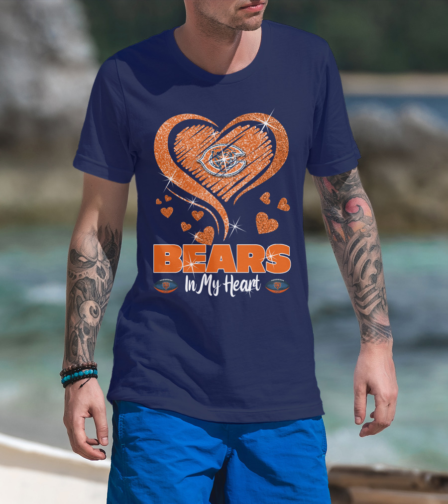 Bears In My Heart Chicago Bears Sparkling Hearts Navy Blue T-Shirt