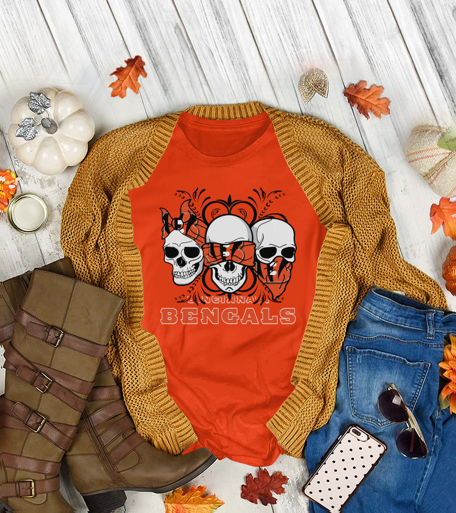 Cincinnati Bengals 3 Skull Motif T-Shirt