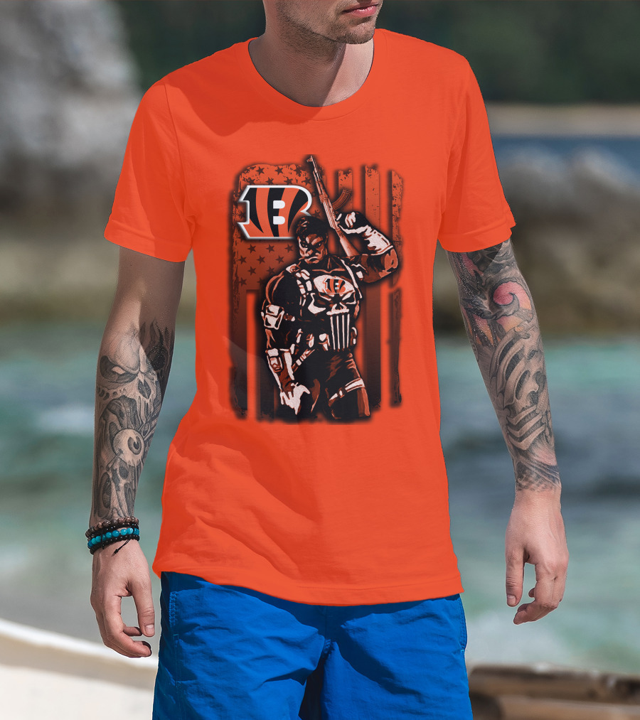 Cincinnati Bengals Punisher American Flag Retro Style T-Shirt