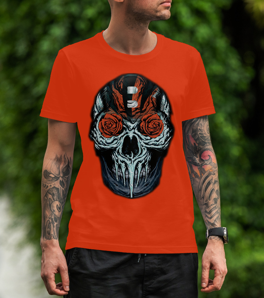 Cincinnati Bengals 34 Skull Helmet With Roses T-Shirt