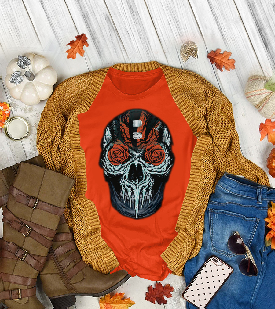 Cincinnati Bengals 34 Skull Helmet With Roses T-Shirt