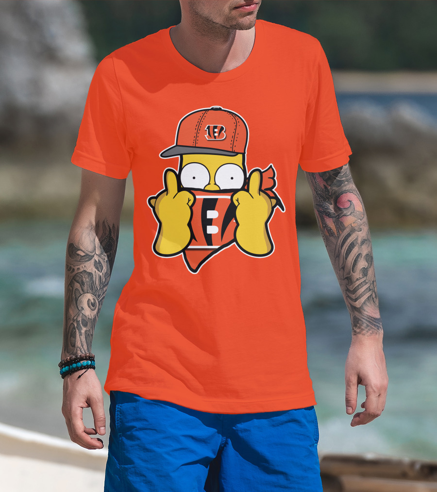 Cincinnati Bengals Fan Cartoon Character With Logo Cap And Scarf T-Shirt