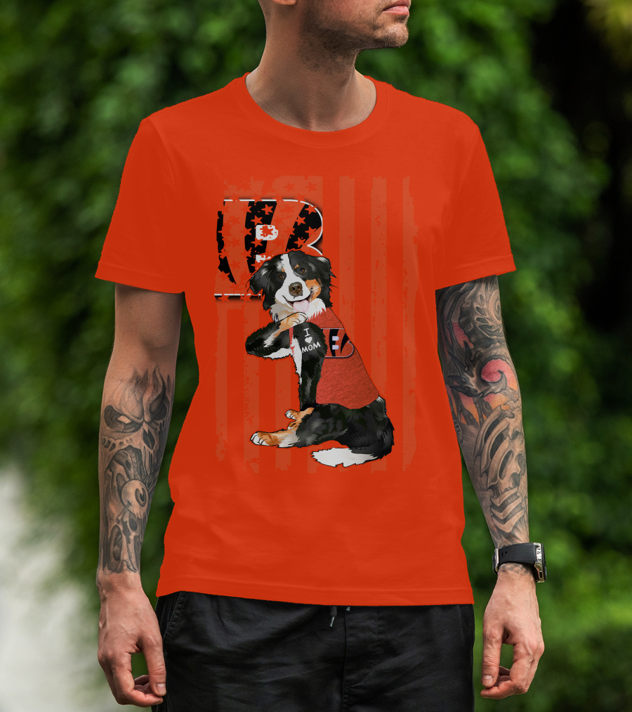 Border Collie I Love Mom Cincinnati Bengals B Retro American Flag T-Shirt