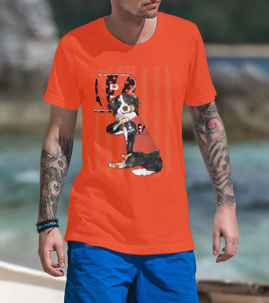 Border Collie I Love Mom Cincinnati Bengals B Retro American Flag T-Shirt