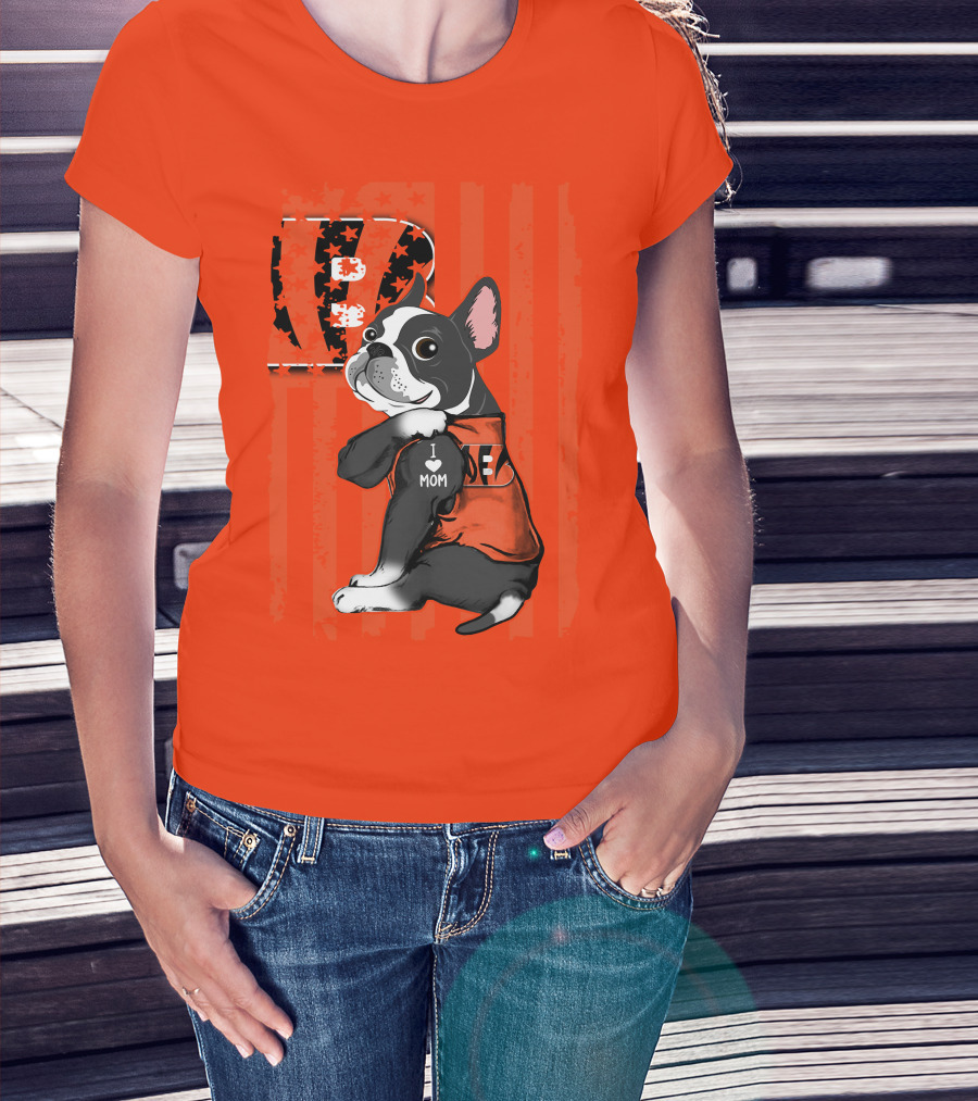 Boston Terrier Cincinnati Bengals B Stripes I Love Mom Football Fan Dog T-Shirt